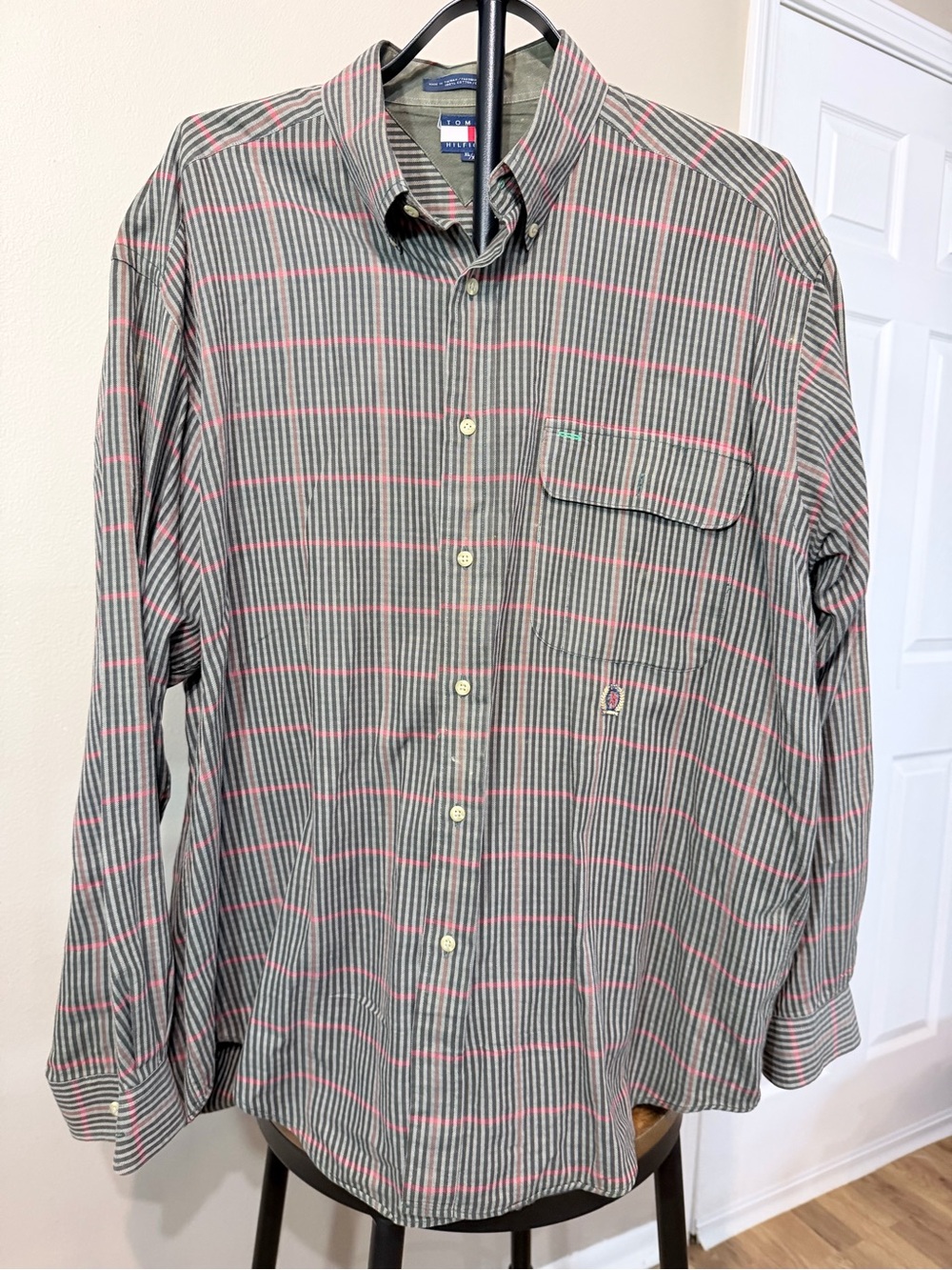 Tommy Hilfiger Men’s Green and Pink Plaid Button-Down Shirt XL